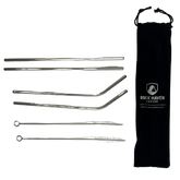 Set of metal straws with a black drawstring bag featuring Rock Haven Coffee branding on a white background.